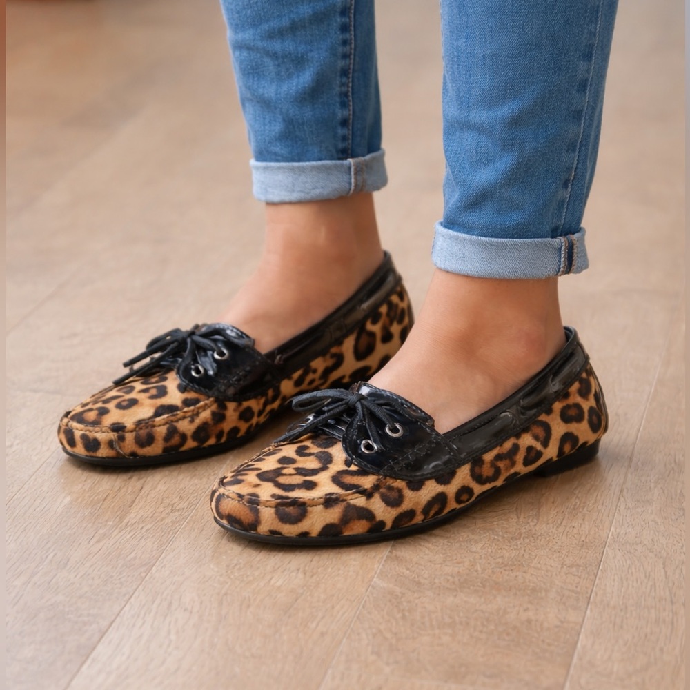 Sebago Leopard Print Moccasins with Black Patent Trim